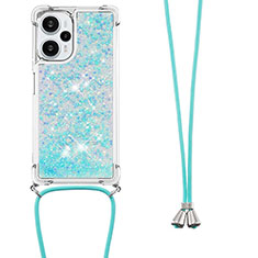 Silicone Candy Rubber TPU Bling-Bling Soft Case Cover with Lanyard Strap YB3 for Xiaomi Poco F5 5G Sky Blue