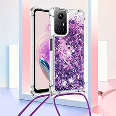 Silicone Candy Rubber TPU Bling-Bling Soft Case Cover with Lanyard Strap YB3 for Xiaomi Redmi Note 12S Purple