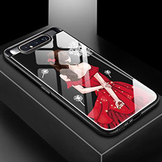 Silicone Frame Fashionable Pattern Mirror Case Cover S01 for Samsung Galaxy A80 Red and Black