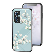 Silicone Frame Flowers Mirror Case Cover for OnePlus 9 5G Cyan