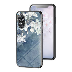 Silicone Frame Flowers Mirror Case Cover for Oppo A17 Blue