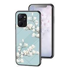 Silicone Frame Flowers Mirror Case Cover for Realme 9i 5G Cyan