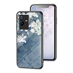 Silicone Frame Flowers Mirror Case Cover for Vivo iQOO Z6x Blue