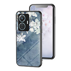 Silicone Frame Flowers Mirror Case Cover for Vivo T1 4G Blue