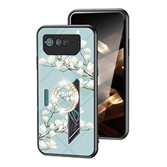 Silicone Frame Flowers Mirror Case Cover S01 for Asus ROG Phone 6 Pro Cyan