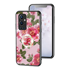 Silicone Frame Flowers Mirror Case Cover S01 for OnePlus 9 Pro 5G Red