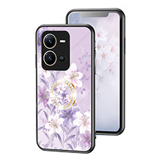 Silicone Frame Flowers Mirror Case Cover S01 for Vivo X80 Lite 5G Clove Purple