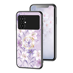 Silicone Frame Flowers Mirror Case Cover S01 for Xiaomi Poco M4 5G Clove Purple