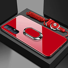 Silicone Frame Mirror Case Cover with Magnetic Finger Ring Stand A02 for Oppo Reno3 Pro Red