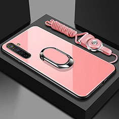 Silicone Frame Mirror Case Cover with Magnetic Finger Ring Stand for Realme X2 Pink