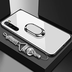 Silicone Frame Mirror Case Cover with Magnetic Finger Ring Stand for Xiaomi Redmi Note 8 White