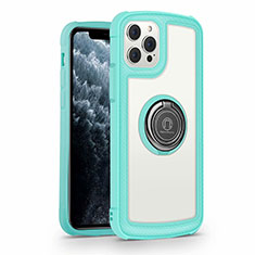 Silicone Frame Mirror Case Cover with Magnetic Finger Ring Stand N01 for Apple iPhone 12 Pro Cyan