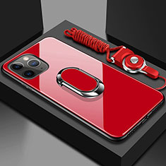 Silicone Frame Mirror Case Cover with Magnetic Finger Ring Stand T01 for Apple iPhone 11 Pro Max Red