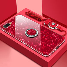 Silicone Frame Mirror Case Cover with Magnetic Finger Ring Stand T01 for Oppo RX17 Neo Red