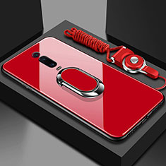 Silicone Frame Mirror Case Cover with Magnetic Finger Ring Stand T01 for Xiaomi Mi 9T Red