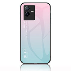 Silicone Frame Mirror Rainbow Gradient Case Cover LS1 for Vivo iQOO Z6x Cyan