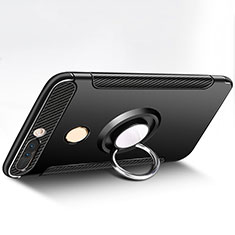 Silicone Matte Finish and Plastic Back Case with Finger Ring Stand for Huawei Honor V9 Black