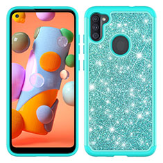 Silicone Matte Finish and Plastic Back Cover Case 360 Degrees Bling-Bling JX1 for Samsung Galaxy M11 Cyan