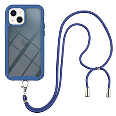 Silicone Matte Finish and Plastic Back Cover Case 360 Degrees with Lanyard Strap for Apple iPhone 13 Blue
