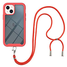 Silicone Matte Finish and Plastic Back Cover Case 360 Degrees with Lanyard Strap for Apple iPhone 14 Plus Red