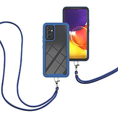 Silicone Matte Finish and Plastic Back Cover Case 360 Degrees with Lanyard Strap for Samsung Galaxy A05s Blue