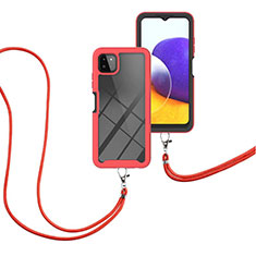 Silicone Matte Finish and Plastic Back Cover Case 360 Degrees with Lanyard Strap for Samsung Galaxy A22s 5G Red