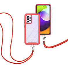 Silicone Matte Finish and Plastic Back Cover Case 360 Degrees with Lanyard Strap for Samsung Galaxy A52 4G Red