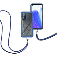 Silicone Matte Finish and Plastic Back Cover Case 360 Degrees with Lanyard Strap for Xiaomi Mi 10T Pro 5G Blue