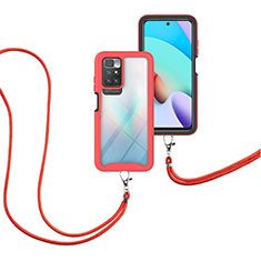 Silicone Matte Finish and Plastic Back Cover Case 360 Degrees with Lanyard Strap for Xiaomi Redmi 10 (2022) Red