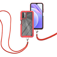 Silicone Matte Finish and Plastic Back Cover Case 360 Degrees with Lanyard Strap for Xiaomi Redmi 9 Power Red