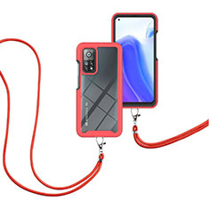 Silicone Matte Finish and Plastic Back Cover Case 360 Degrees with Lanyard Strap for Xiaomi Redmi K30S 5G Red