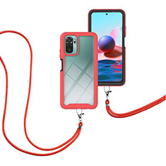 Silicone Matte Finish and Plastic Back Cover Case 360 Degrees with Lanyard Strap for Xiaomi Redmi Note 10S 4G Red