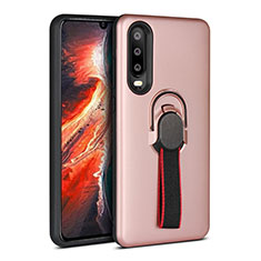 Silicone Matte Finish and Plastic Back Cover Case with Finger Ring Stand for Huawei P30 Rose Gold