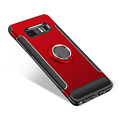 Silicone Matte Finish and Plastic Back Cover Case with Finger Ring Stand for Samsung Galaxy Note 8 Red