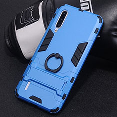 Silicone Matte Finish and Plastic Back Cover Case with Finger Ring Stand H01 for Xiaomi Mi A3 Sky Blue
