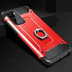 Silicone Matte Finish and Plastic Back Cover Case with Finger Ring Stand N01 for Samsung Galaxy Note 20 5G Red