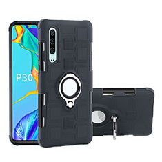 Silicone Matte Finish and Plastic Back Cover Case with Finger Ring Stand S01 for Huawei P30 Black