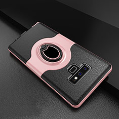 Silicone Matte Finish and Plastic Back Cover Case with Finger Ring Stand S01 for Samsung Galaxy Note 9 Rose Gold