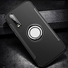 Silicone Matte Finish and Plastic Back Cover Case with Finger Ring Stand S02 for Huawei P30 Black