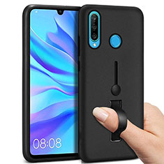 Silicone Matte Finish and Plastic Back Cover Case with Finger Ring Stand S04 for Huawei P30 Lite XL Black