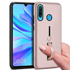 Silicone Matte Finish and Plastic Back Cover Case with Finger Ring Stand S04 for Huawei P30 Lite XL Rose Gold