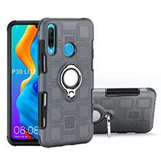 Silicone Matte Finish and Plastic Back Cover Case with Magnetic Finger Ring Stand A01 for Huawei P30 Lite Gray