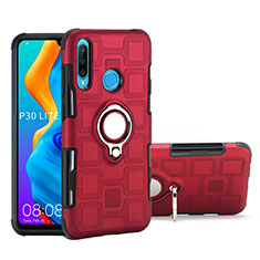 Silicone Matte Finish and Plastic Back Cover Case with Magnetic Finger Ring Stand A01 for Huawei P30 Lite New Edition Red