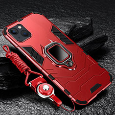 Silicone Matte Finish and Plastic Back Cover Case with Magnetic Finger Ring Stand for Apple iPhone 13 Mini Red