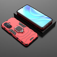 Silicone Matte Finish and Plastic Back Cover Case with Magnetic Finger Ring Stand for Huawei Enjoy 50 Red