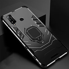 Silicone Matte Finish and Plastic Back Cover Case with Magnetic Finger Ring Stand for Huawei Honor Play4T Black