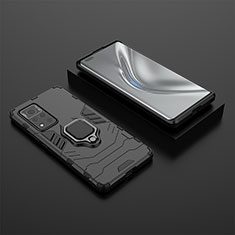 Silicone Matte Finish and Plastic Back Cover Case with Magnetic Finger Ring Stand for Huawei Honor V40 5G Black