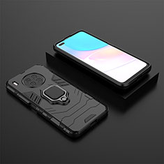 Silicone Matte Finish and Plastic Back Cover Case with Magnetic Finger Ring Stand for Huawei Nova 8i Black