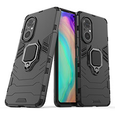 Silicone Matte Finish and Plastic Back Cover Case with Magnetic Finger Ring Stand for Huawei Nova 9 SE Black