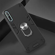 Silicone Matte Finish and Plastic Back Cover Case with Magnetic Finger Ring Stand for Huawei P smart S Black